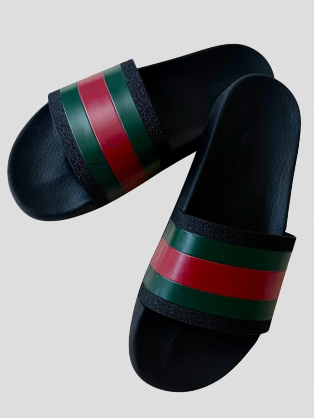 Gucci Web Rubber Slide Sandals Men 9 Black Green Red Stripe Beach Pool READ COND
